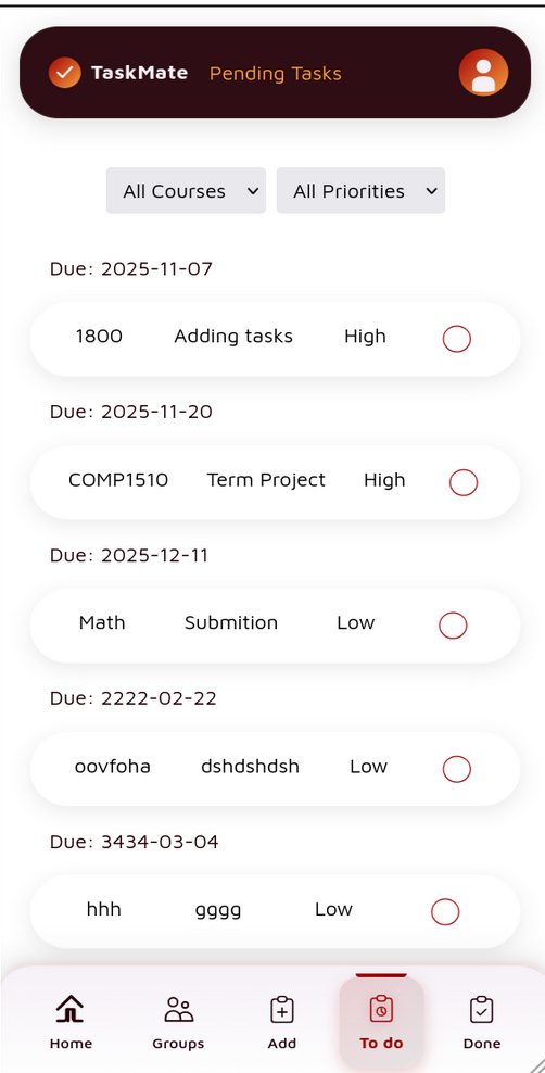 Pending tasks screen