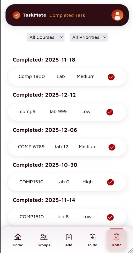 Completed tasks screen