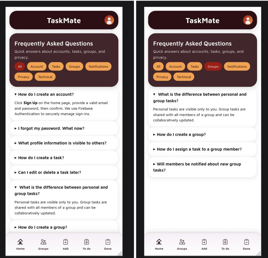 FAQ and help screen