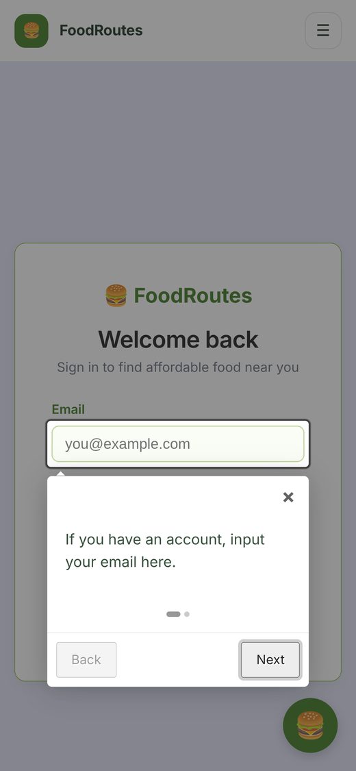 Login screen on a phone with a guided-tour tooltip pointing at the email field: If you have an account, input your email here