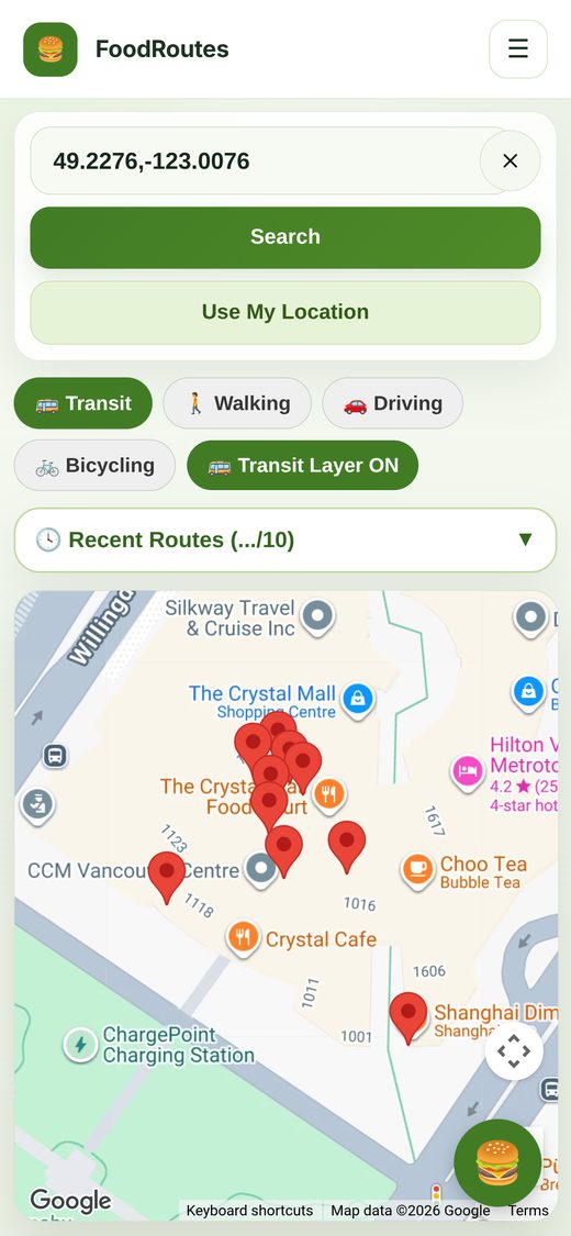Map page on a phone: the location search, Transit, Walking, Driving and Bicycling buttons, a Transit Layer toggle, and a map of Metrotown in Burnaby with red markers on nearby grocery stores