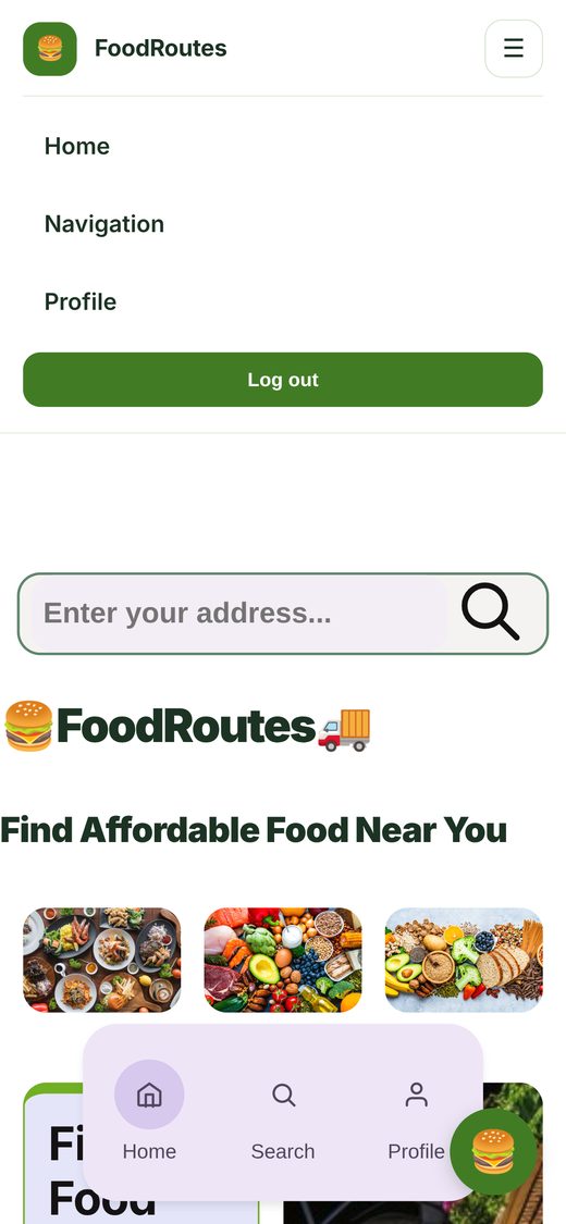 Phone view with the navbar menu open, listing Home, Navigation, Profile and a Log out button above the home page