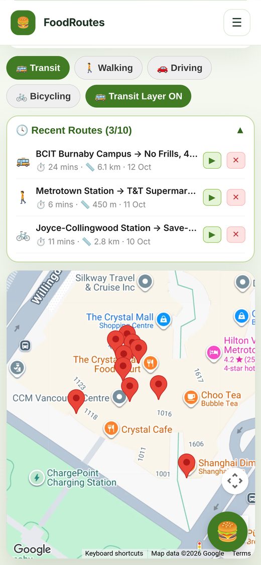 Recent Routes panel open on a phone, showing 3 of 10 saved routes, each with a travel-mode icon, origin and destination, time, distance and date, and replay and delete buttons