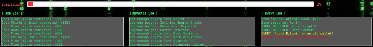 Suspicion meter back at 2% after a raid, with the event log ending in a red line: ALERT: FBI RAID! Liquidating assets