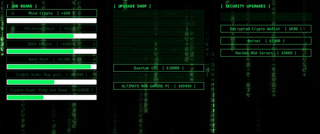 Job board with six hacking jobs and green progress bars beside the upgrade shop and security upgrades, some owned and some with prices