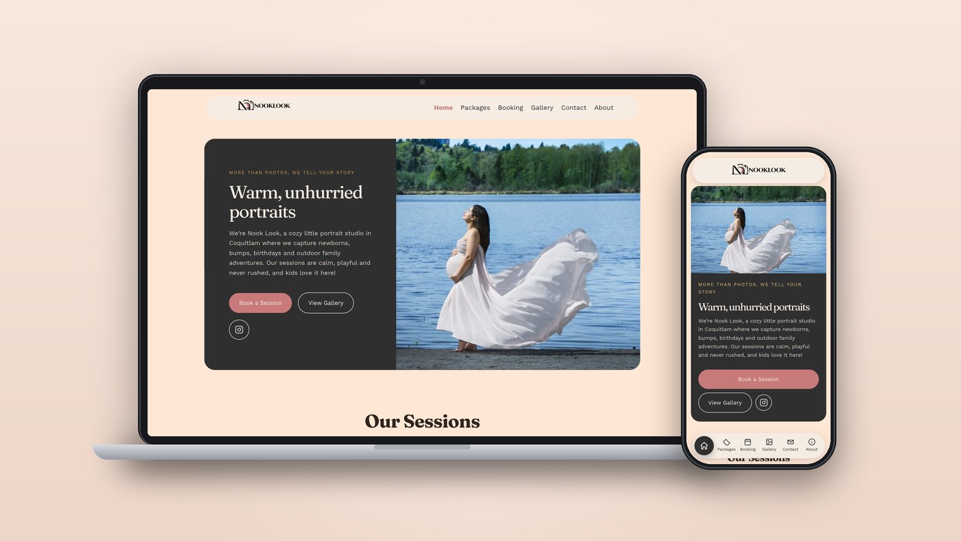 Nook Look Studio website on a laptop and a phone: a dark panel reading Warm, unhurried portraits beside a maternity photograph by a lake