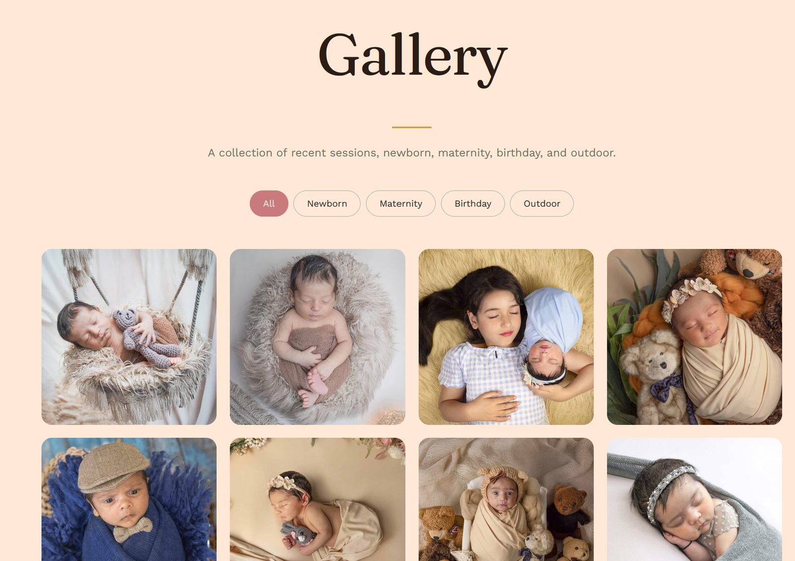 Gallery page with filter pills for All, Newborn, Maternity, Birthday, and Outdoor above a grid of session photographs
