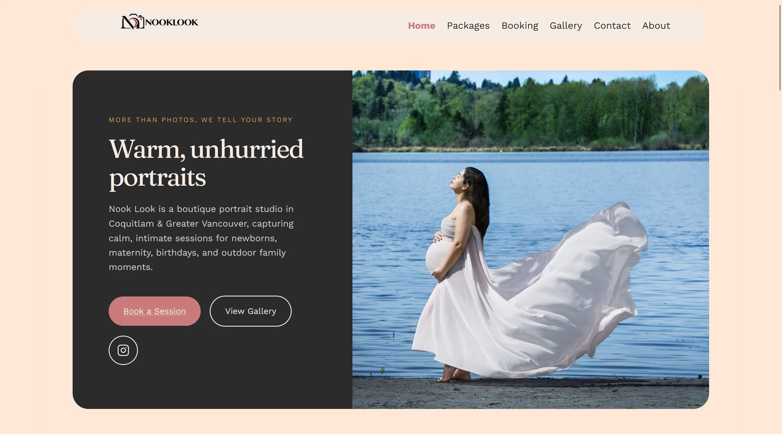 Nook Look home page: a dark charcoal text panel reading 'Warm, unhurried portraits' beside a full-height maternity photograph, under a floating pill navigation bar