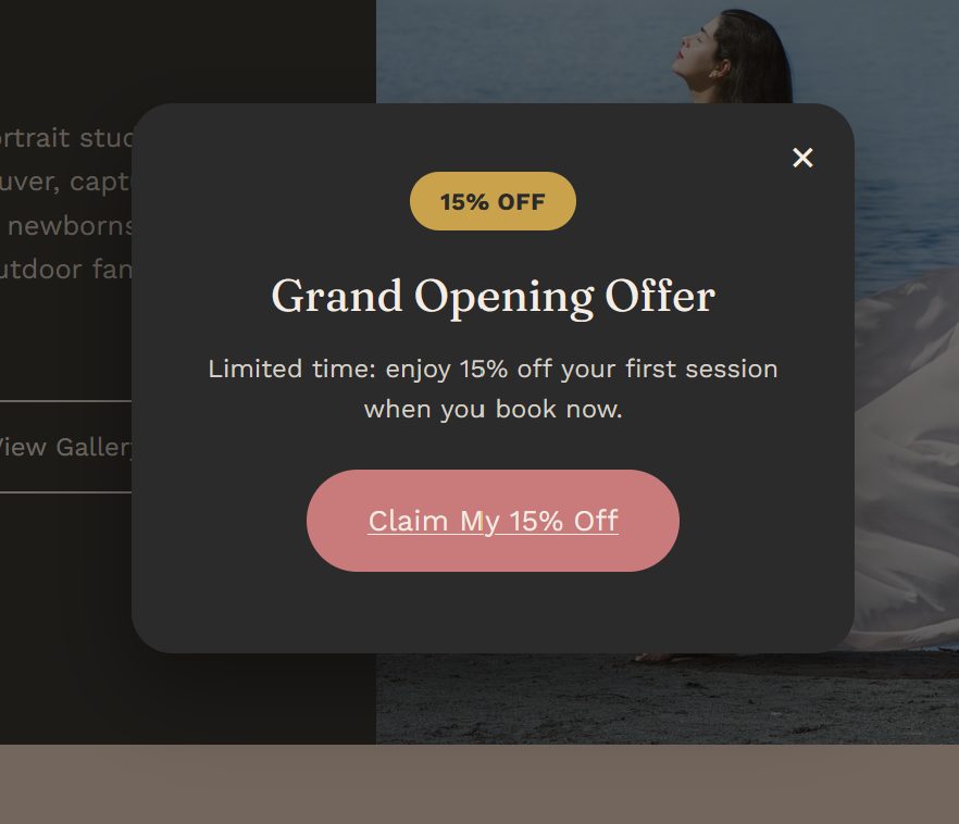 Grand Opening Offer popup with a gold 15% off badge and a dusty rose call-to-action button