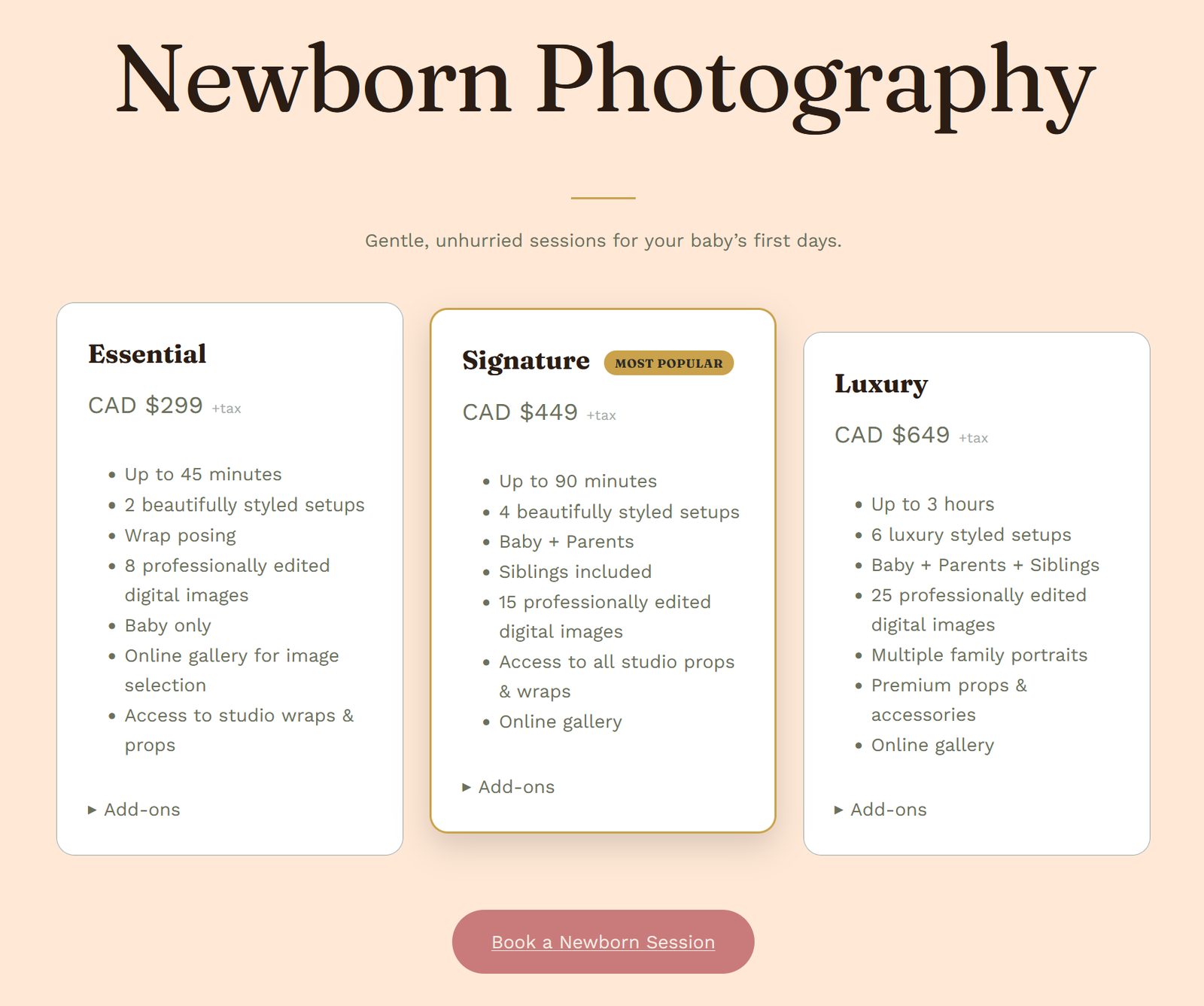 Newborn photography pricing page showing Essential, Signature, and Luxury tiers side by side, with a Most Popular badge on Signature