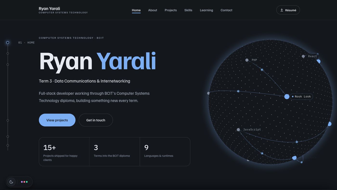 The ryanyarali.com hero: the name in large type beside a glowing network globe whose labelled nodes are projects and tools