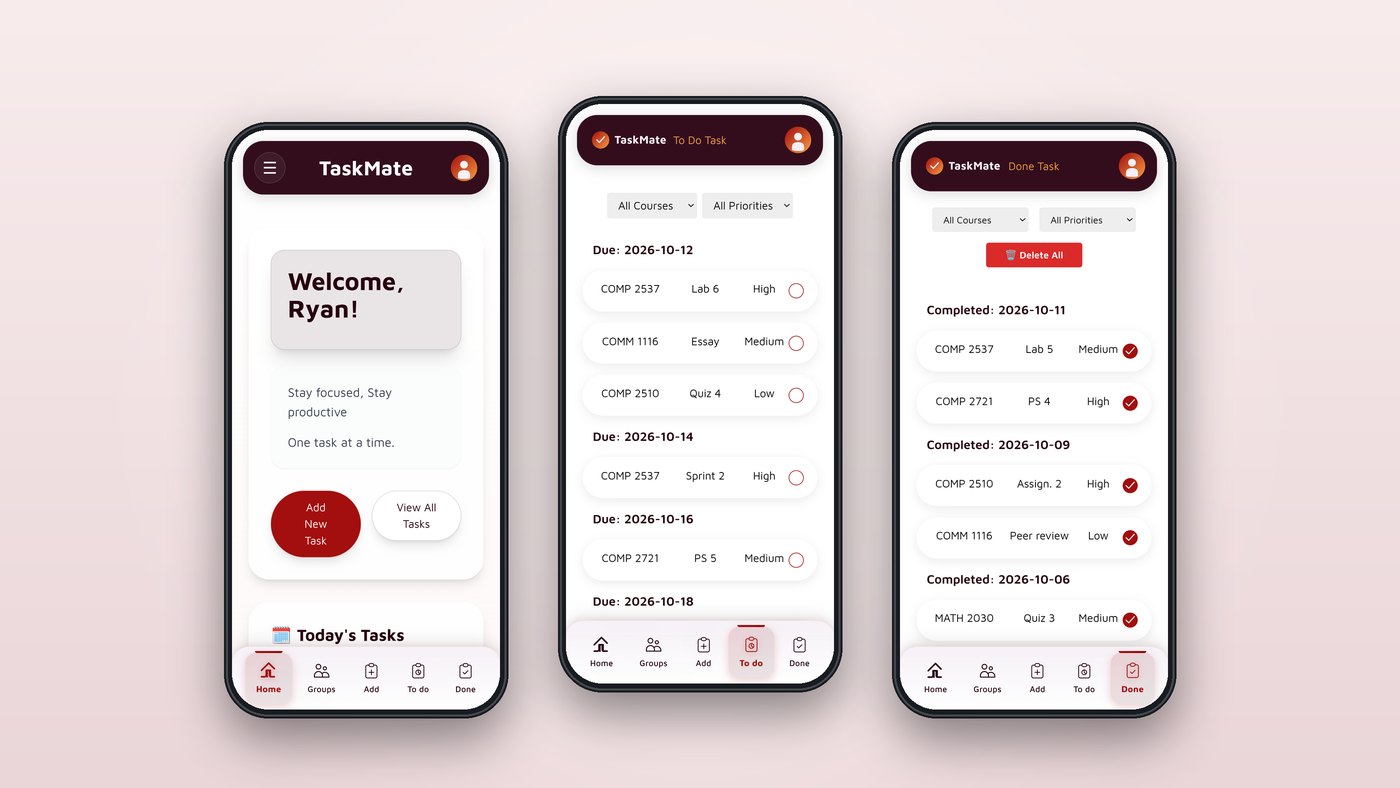Three TaskMate phone screens: the home dashboard welcoming Ryan, the To Do list grouped by due date with priorities, and completed tasks with check marks