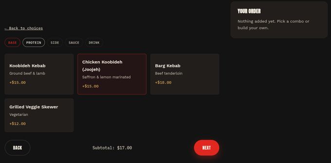 Build-your-own order wizard: step pills for Base, Protein, Side, Sauce and Drink above a grid of kebab options with prices, a running subtotal, and an order summary panel