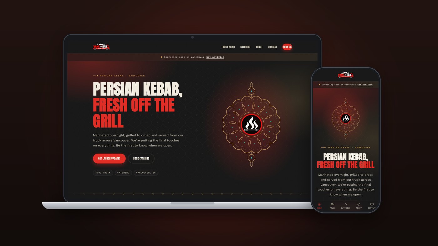 Vancobab website on a laptop and a phone: the headline Persian kebab, fresh off the grill beside a gold Persian medallion around the flame emblem