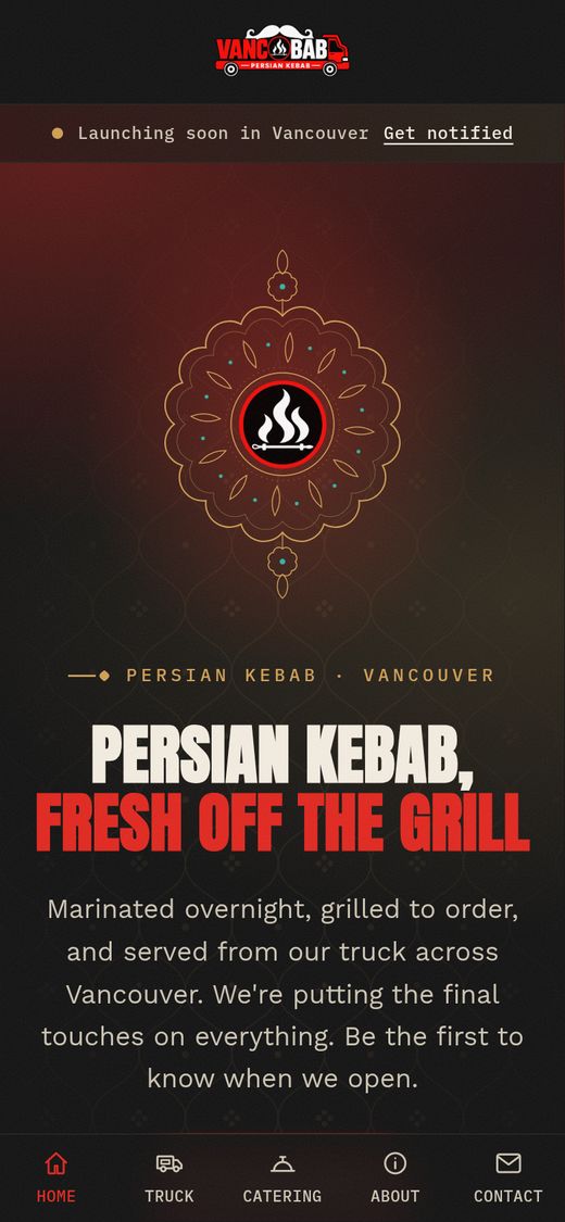 Mobile home page: a gold line-art Persian medallion around the flame emblem, the headline 'Persian kebab, fresh off the grill', and a bottom tab bar with Home, Truck, Catering, About and Contact